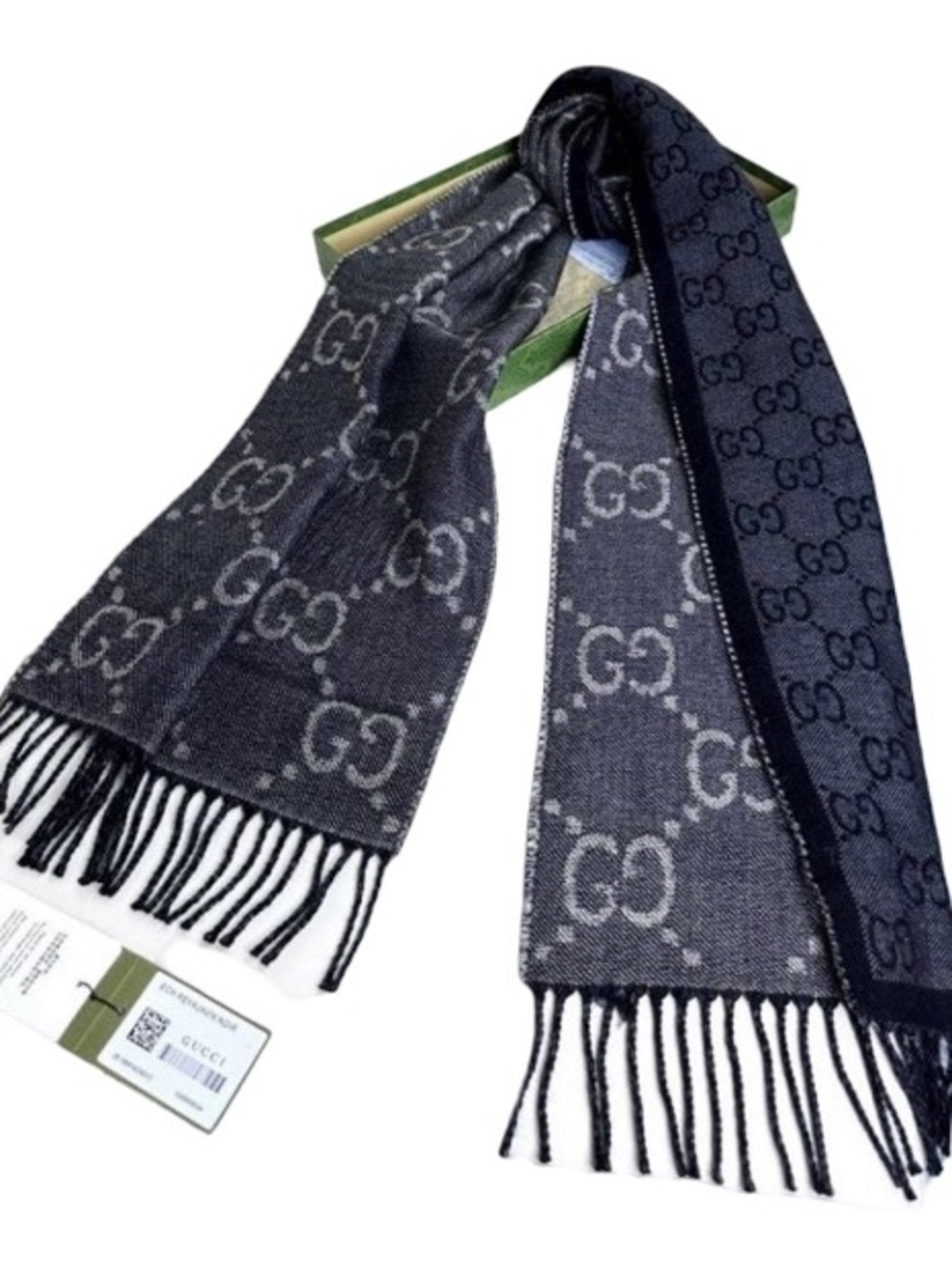 Gucci Double-Sided GG Jacquard Fringed Blue & Denim Long Scarf
